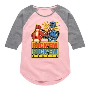 Girls' - Rock 'Em Sock 'Em Robots - Red Rocker, Blue Bomber Shirt Tail Raglan Graphic T-shirt - 1 of 4