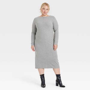 Women's Long Sleeve Knit Midi Shift Dress - A New Day™ Gray - 1 of 3