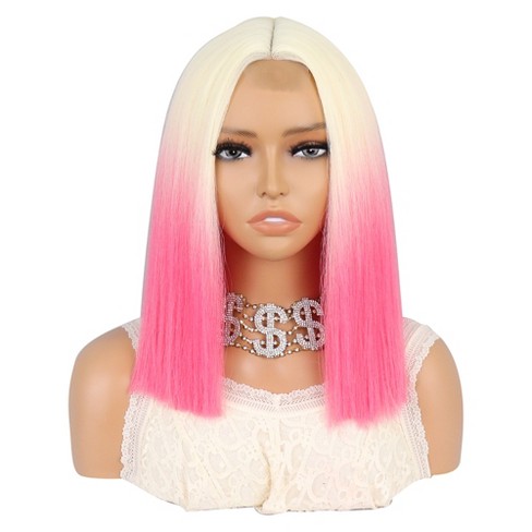 Unique Bargains Medium Long Straight Hair Lace Front Wigs for Women with  Wig Cap 14 1PC Gradient Pink