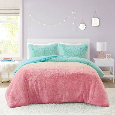 Twin Aqua Multi Faux Fur Down Alternative Comforter Set