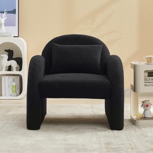 Mid-Century Modern Velvet Barrel Accent Chair – Plush Boucle Upholstered Armchair with Tapered Legs for Living Room, Beige - 1 of 4