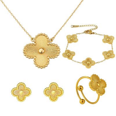 Four Leaf Flower Clavicle Necklace, Bracelet, Earrings and Ring Set for Women