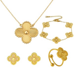 Four Leaf Flower Clavicle Necklace, Bracelet, Earrings and Ring Set for Women - 1 of 4