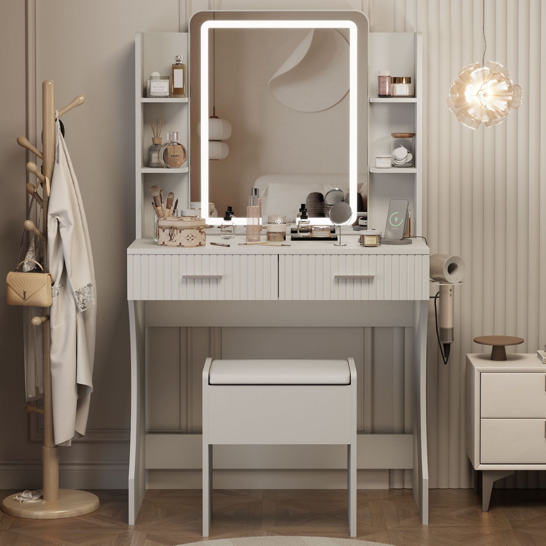 31" Makeup Vanity with LED Lighted Mirror, Vanity Desk with 3 Adjustable Lights, White Vanity with Storage Stool for Bedroom