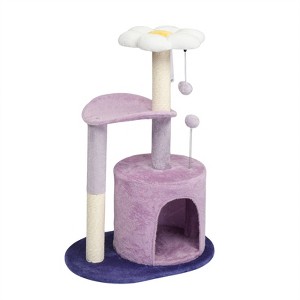 Gulches Purple 33 inch Flower Cat Tree Small Cats Plush Condo Curved Perch Sisal Posts Pom Pom Dangling Ball 11 lbs Tower Furniture - 1 of 4