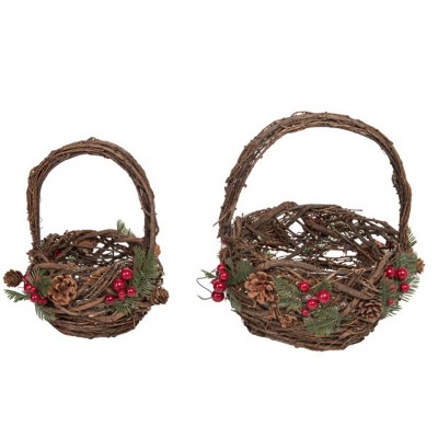 Transpac Natural Fiber 11 in. Multicolor Christmas Twig Basket with Berries Set of 2