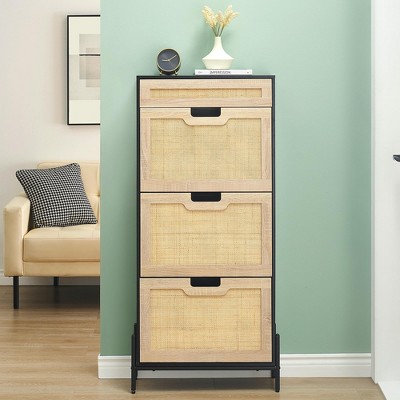 Rattan 3-Door Shoe Cabinet w/Drawer - Adjustable 3-Tier Shelves for Sneakers/Heels/Boots - Entryway Storage
