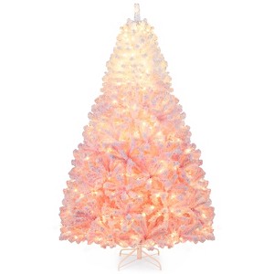 Costway 7 FT Artificial Christmas Tree with 350 Warm White LED Lights, 8 Lighting Modes & Folding Metal Stand White & Pink - 1 of 4