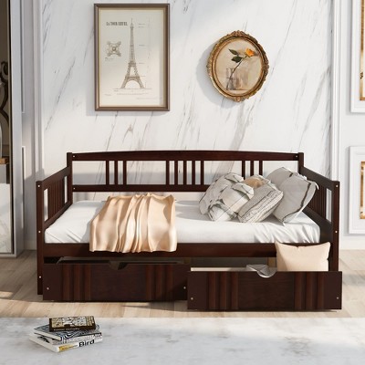 Wooden Daybed with 2 Drawers, Wood Slat Support, Safety Guardrails Sofa Day Bed Frame, No Box Spring Needed, for Bedroom, Guest Room, Living Room