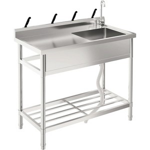 Stainless Steel Utility Sink, Freestanding Single Bowl Design with Hot/Cold Water Pipes, Includes Faucet, Storage Rack, For Garage, Restaurant - 1 of 4