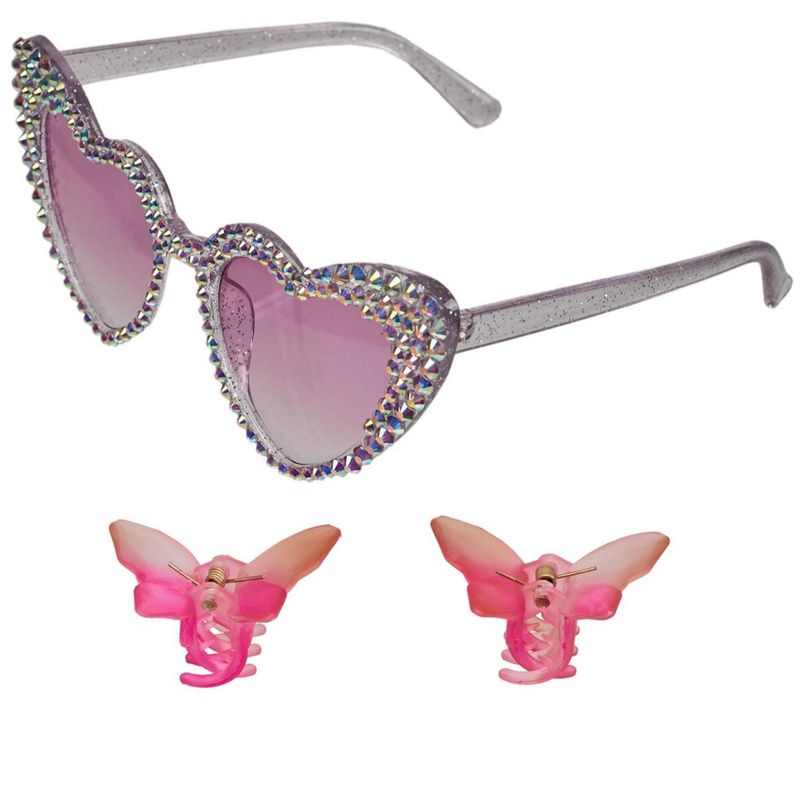 Willow & Ruby Kid's Fun Sunglasses with Hair Clip Set for Girls - Sunnies & Claws in Purple Glitter & Butterfly Hair Claws, 3 of 6