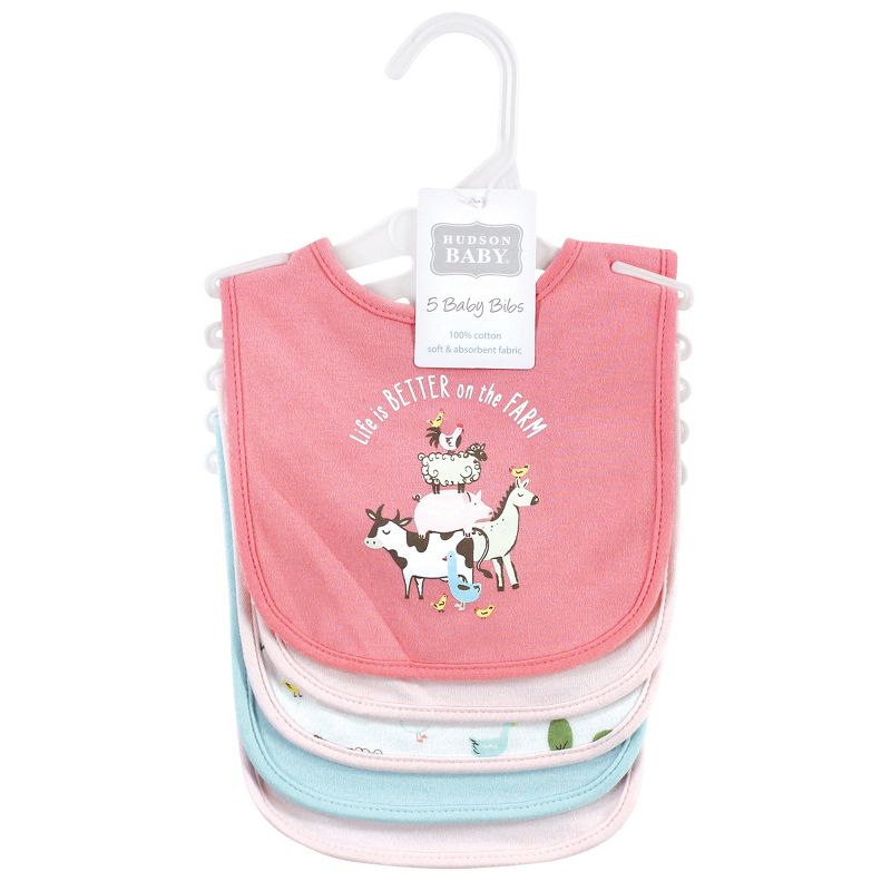 Hudson Baby Infant Girls Cotton Bibs, Pink Farm Animals, One Size, 2 of 8