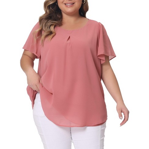 Agnes Orinda Women's Plus Size Chiffon Double-layered Ruffle Short Sleeve  Blouse Pink 3x : Target