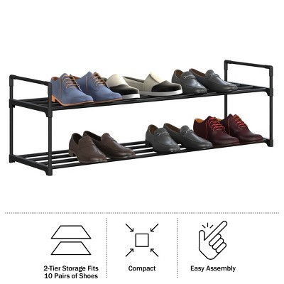 Black 2-Tier Stackable Metal and Plastic Shoe Rack