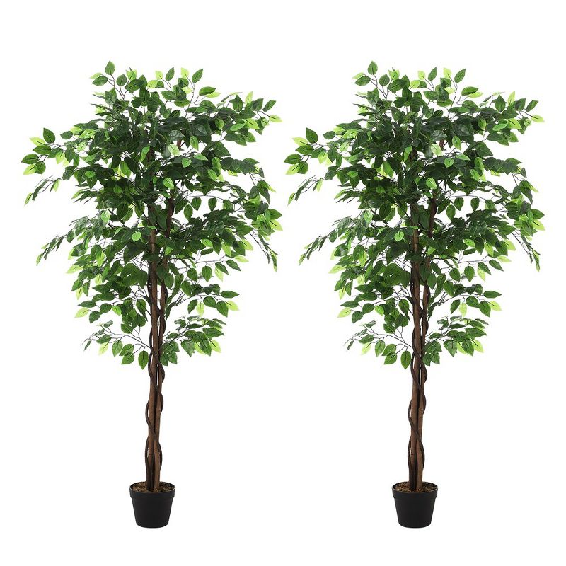 2PCS Artificial Ficus Tree, 5FT Tall with Silk Leaves, Fake Moss, and Sturdy Nursery Pot, for Indoor and Outdoor Home, Office, and Farmhouse Decor, 1 of 7