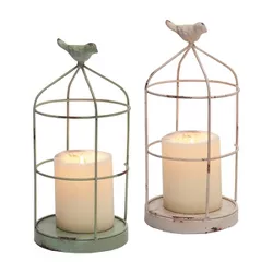Set of 2 Rustic White and Mint Metal Wire Cage and Bird Pillar Candle Holders - Foreside Home & Garden