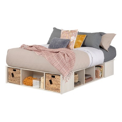 Full Winter Oak Upholstered Storage Bed with Rattan Baskets