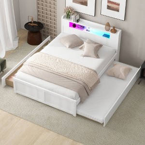 Queen Size Wood Storage Bed with LED, 2 Drawers and 2 Twin Size Trundle for Bedroom or Guest Room - 1 of 4