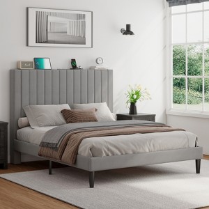 AMERLIFE Bed Frame, Velvet Upholstered Platform Bed with Channel Tufted Headboard - 1 of 4