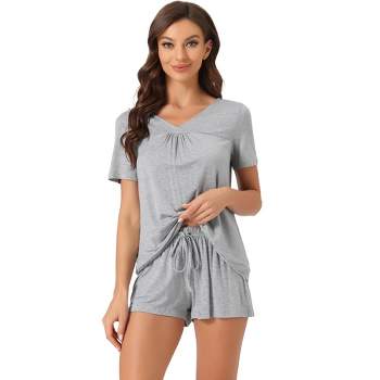 cheibear Women's Lounge Outfits Casual V-Neck Shorts Sleeves Tops with Shorts Pajama Sets