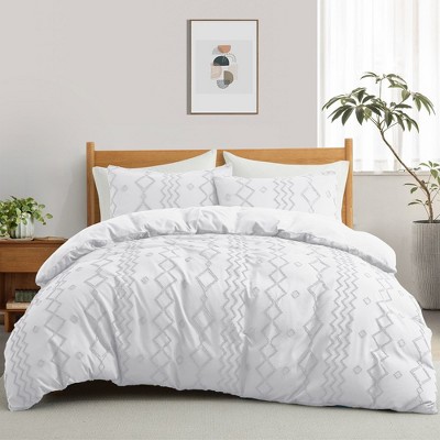 White Geometric Jacquard Duvet Cover Set, Full/Queen