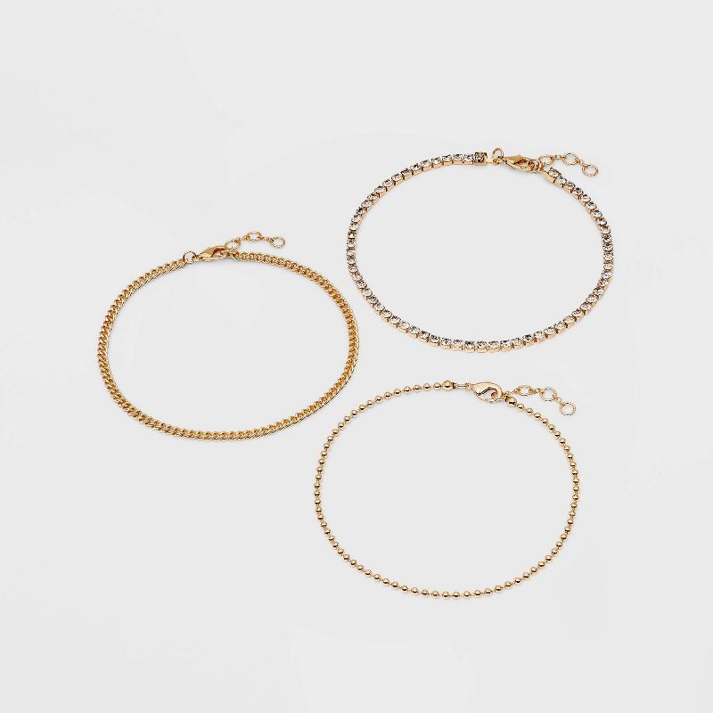 9&#34; Ball Wide Chain Anklet Set 3pc - A New Day&#8482; Metallic Gold, 1 of 3