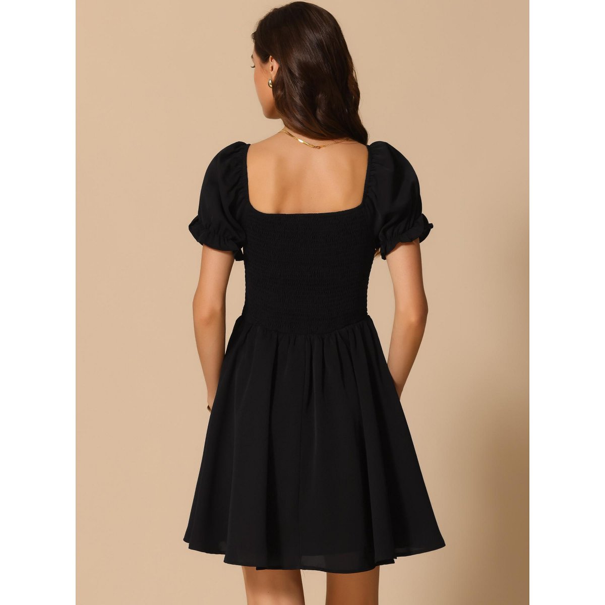 Женские платья INSPIRE CHIC Women's Corset Mini Square Neck Short Sleeve Patchwork Smocked Dress Black Medium — фото 4
