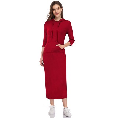 Womens Hoodie Sweat Dress 3/4 Sleeve Slim Fit Hooded Maxi Dress Stripe Summer Dress Soft Lounge Dress