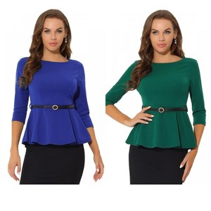 INSPIRE CHIC Women's 3/4 Sleeve Belted Elegant Business Work Peplum Top 2 Packs - 1 of 4