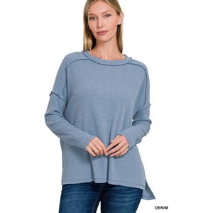 I am a Fashion Junky Zenana Ribbed Drop Shoulder Round Neck Sweater - 1 of 4