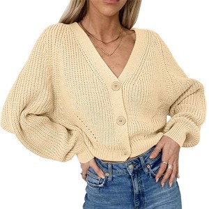 Coolmee Women's Rib Knit Cropped Cardigan Long Sleeve V-Neck Button Down Cardigan Sweater - 1 of 4