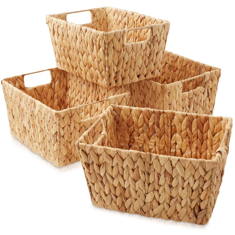 Casafield Set of 4 Water Hyacinth Storage Baskets with Handles, 12" x 9" x 6" Rectangular Storage Bins for Shelves, Blankets, Laundry Organization, 2 of 7