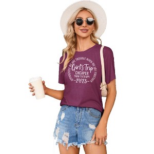 Women's Summer Short Sleeve T-Shirt Casual Round Neck Funny Letter Print Graphic Tee Shirts - 1 of 4