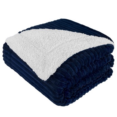 Navy Blue Reversible Sherpa Fleece Throw Blanket