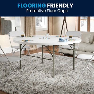 Granite White 60'' Round Bi-Fold Table with Metal Frame and Handle