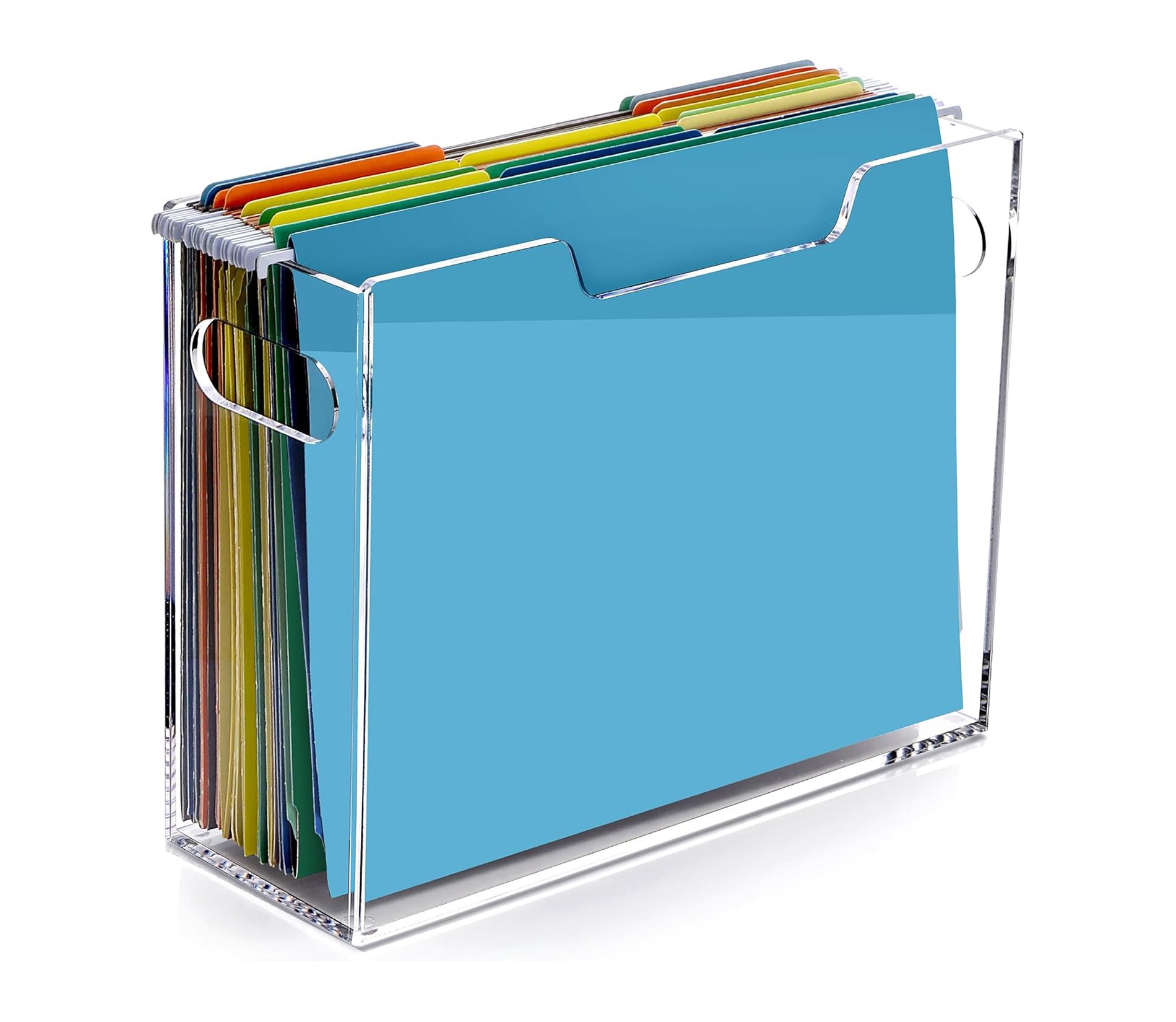 File Organizer Box for Letter Size Hanging Folders, Acrylic Desk File Holder with Portable Handle, Medium Size Envelope File Organizer for Office