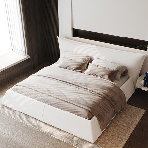 King Size Upholstered Platform Bed with Special Shaped Velvet Headboard, Metal & Solid Wood Frame,Cream - 1 of 4
