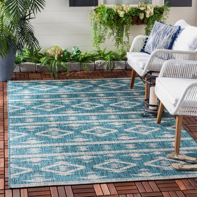 Teal and Grey Geometric Indoor/Outdoor Rectangular Rug