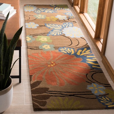 Handmade Blue and Brown Floral Wool Runner Rug