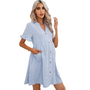 Coolmee Women's Summer Mini Dress Short Sleeve Babydoll Dress V Neck Button Down Dress with Pockets - 1 of 4