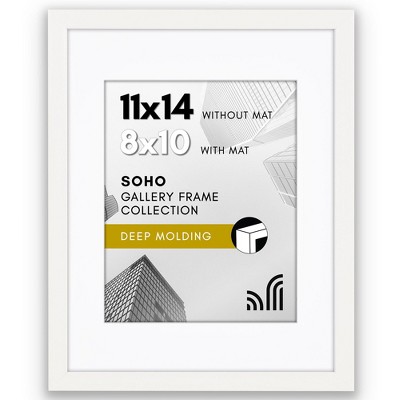Americanflat 11x14 Picture Frame with Shatter-Resistant Glass - 8x10 with Mat or 11x14 Without Mat - Soho - Deep Molding Picture Frames - White