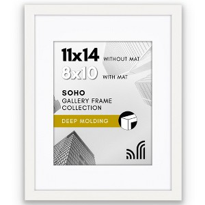Americanflat 11x14 Picture Frame with Shatter-Resistant Glass - 8x10 with Mat or 11x14 Without Mat - Soho - Deep Molding Picture Frames - White - 1 of 1