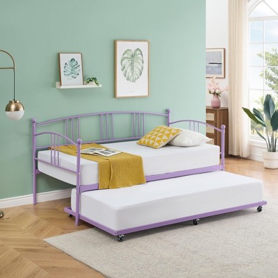 Homhougo Twin Daybed with Trundle, Metal Twin Size Daybed with Pullout Trundle 6 Casters Purple