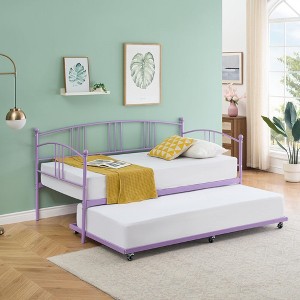 Homhougo Twin Daybed with Trundle, Metal Twin Size Daybed with Pullout Trundle 6 Casters Purple - 1 of 4