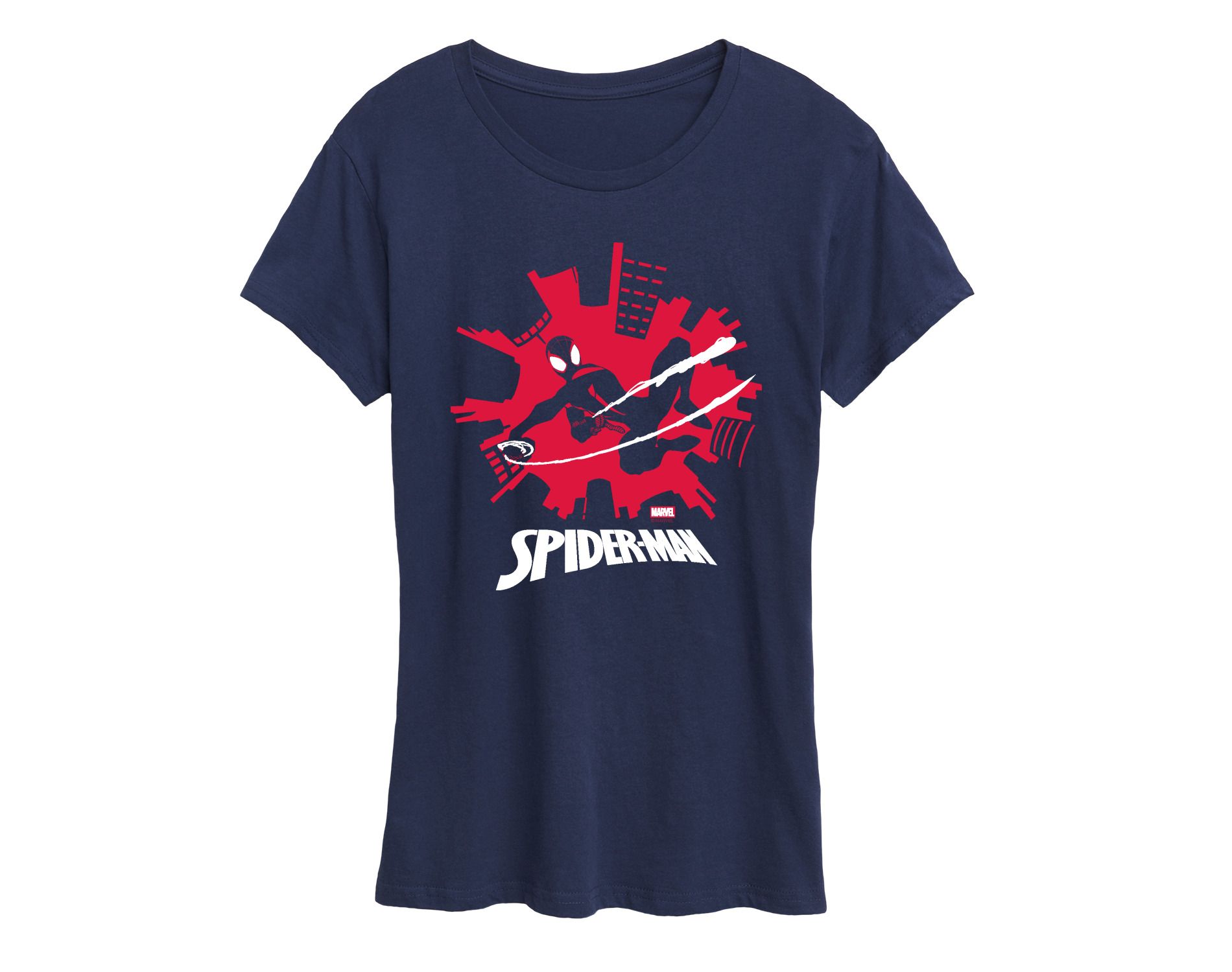 Women's Marvel Spider-Man Miles Skyline Short Sleeve Graphic T-Shirt - Navy - Small