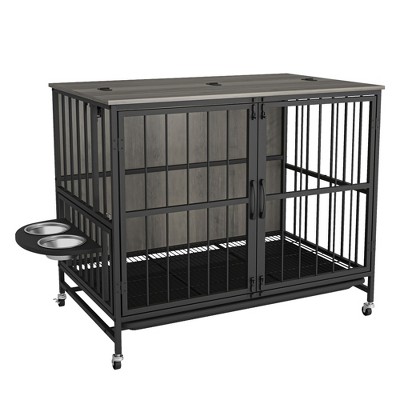 NicBex 31.5Inch Dog Crate Decorative Dog Cage Table with 2 Doors and Wheels,Wooden Dog Cage End Table with 2 Feeding Bowls for Indoor Use,Gray