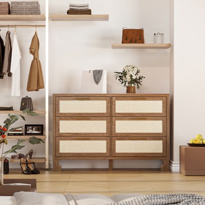 6 Drawers Boho Dresser for Bedroom & Chest of Drawers with Wood Legs for Bedroom, Living Room, Nursery