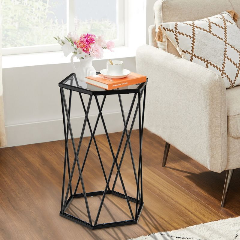 Costway End Table Tempered Glass Top Metal Frame Hexagonal Accent Side Table Living Room, 5 of 11