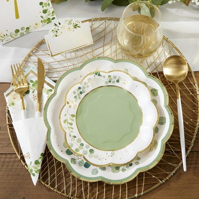 Sage Green and Gold Botanical Garden Party Tableware Set for 16 Guests