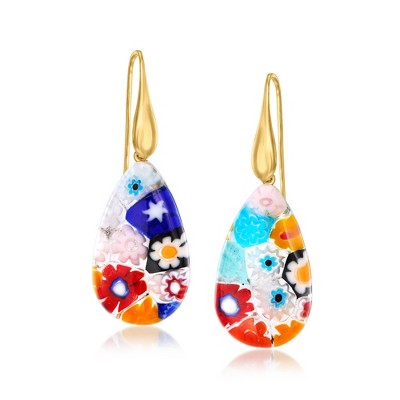 Ross-Simons Italian Multicolored Millefiori Murano Glass Teardrop Earrings With 18kt Gold Over Sterling